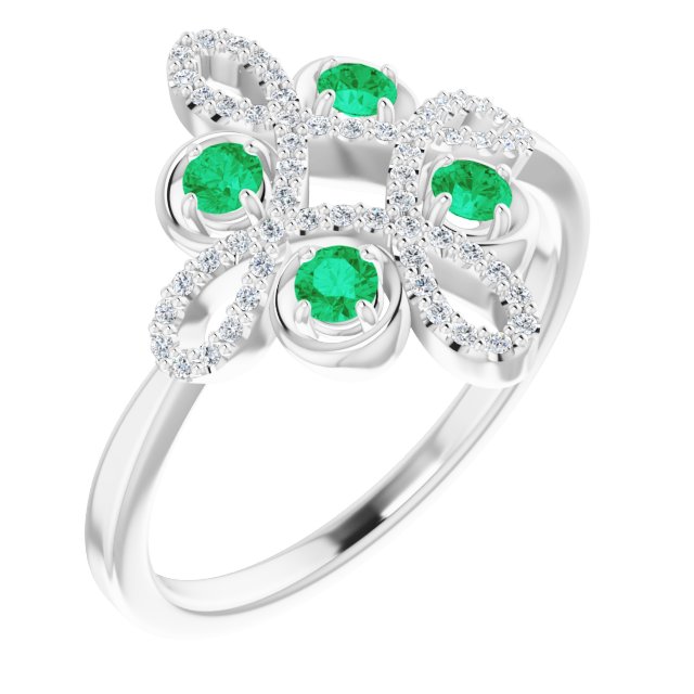 14K White Natural Emerald & 1/6 CTW Natural Diamond Clover Ring